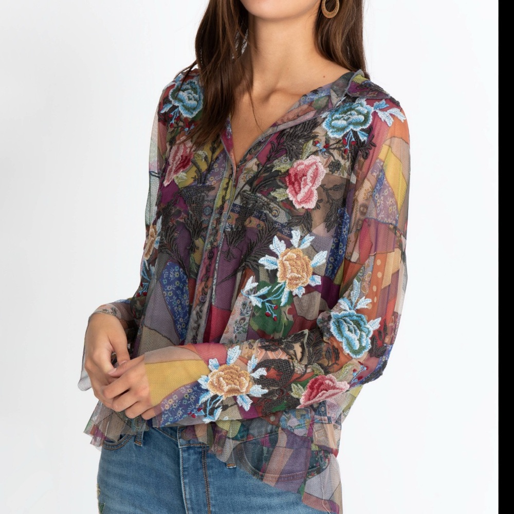 Johnny Was Multicolor Floral Sheer Patchwork Blouse